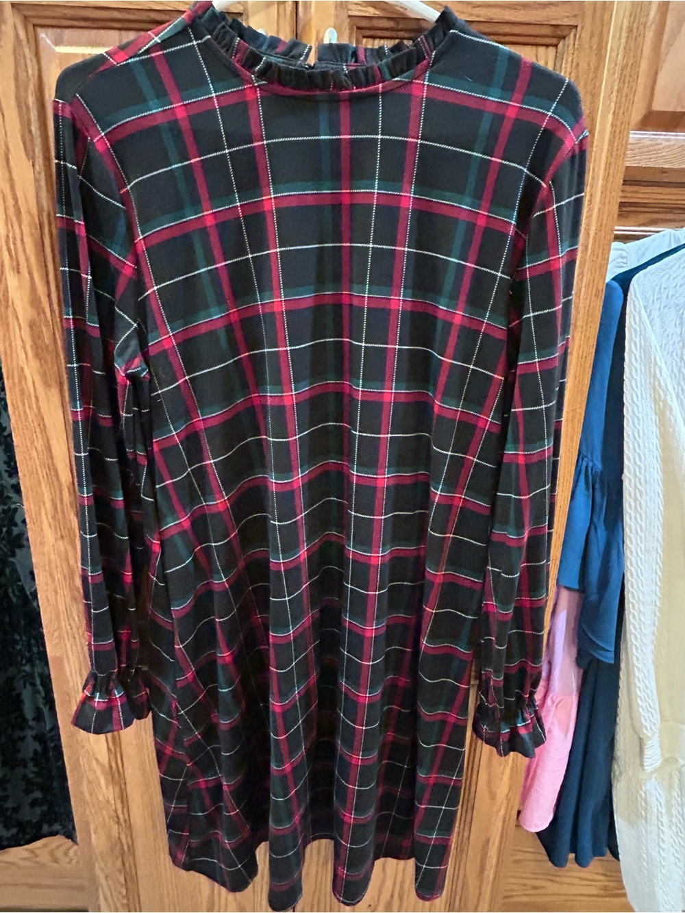 Ruffled Neck Long-Sleeve Plaid Dress in Black and Red